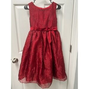 Rare Too! Girls Red Embroidered Organza Holiday Party Dress Flower Girl READ